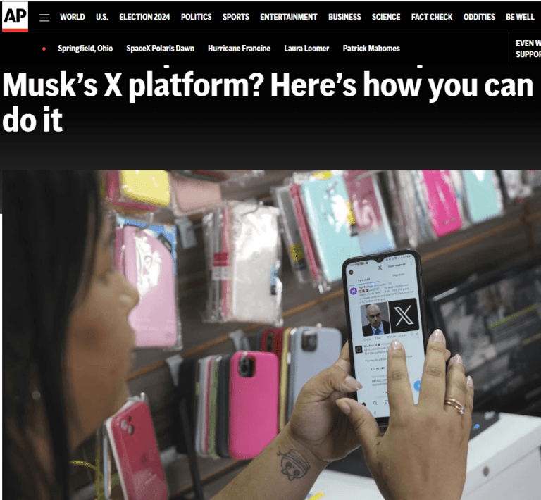 Screenshot of an Associated Press article about how to quit Elon Musk’s X platform, symbolizing media narratives surrounding X and free speech.