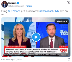 Screenshot from CNN’s State of the Union showing Senator JD Vance and host Dana Bash during a tense exchange that exposed media bias.