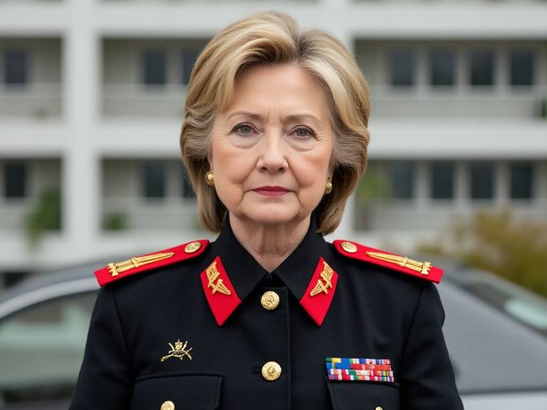 Satirical depiction of Hillary Clinton wearing a Soviet-style military jacket with medals, representing commentary on authoritarian speech control.