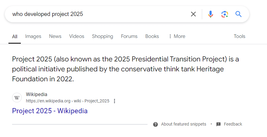 Google Search showing the fact check of project 2025