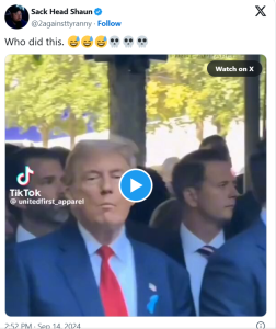 President Trump standing with others at a public event, captioned “Who did this” from Sack Head Shaun’s X post.