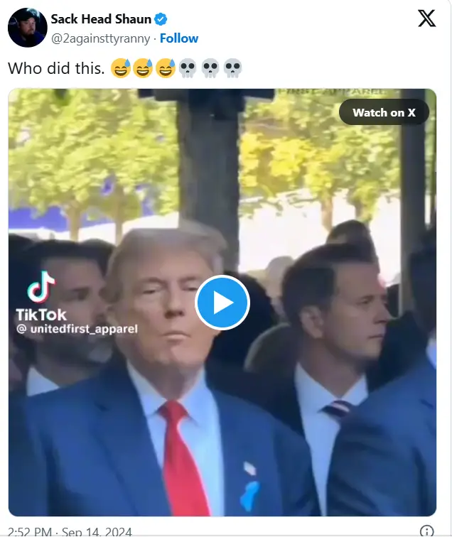 President Trump standing with others at a public event, captioned “Who did this” from Sack Head Shaun’s X post.