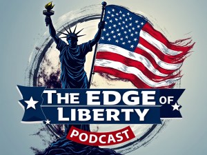 Logo for The Edge of Liberty podcast featuring the Statue of Liberty holding a torch and the American flag, representing freedom and conservative media under SHR Media.
