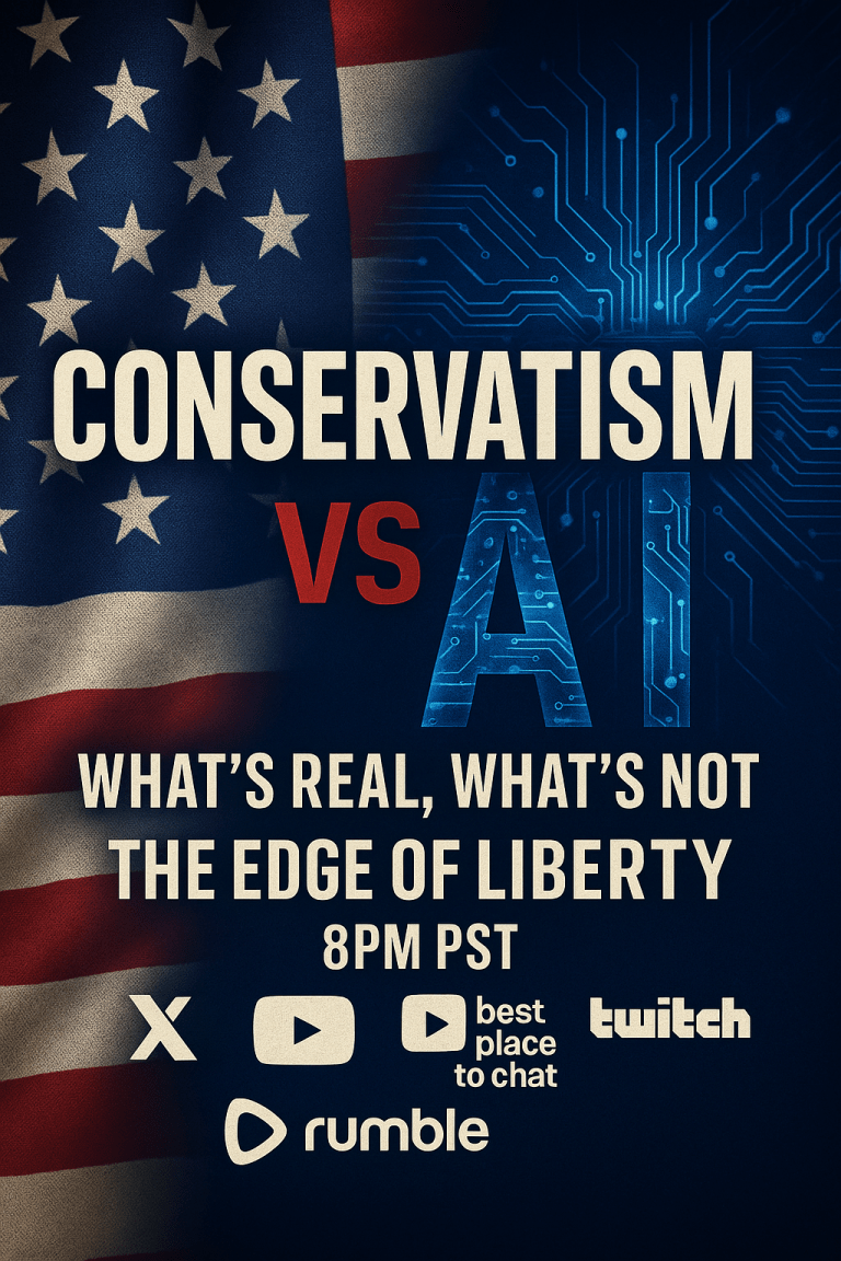 Promotional image for The Edge of Liberty episode “Conservatism vs AI: What’s Real, What’s Not,” featuring the American flag and digital AI circuitry background.