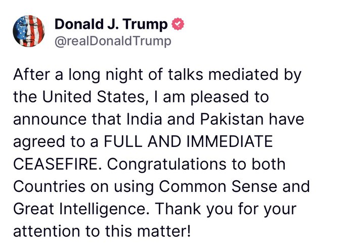 Truth Social Post by President Trump announcing Cease Fire. 
