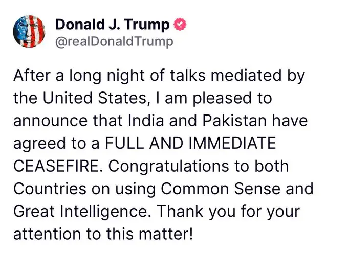 POTUS INDIA PAKISTAN CEASE FIRE