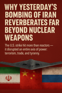Graphic showing B-2 bomber over Iranian, Chinese, and Russian flags with headline about Iran bombing
