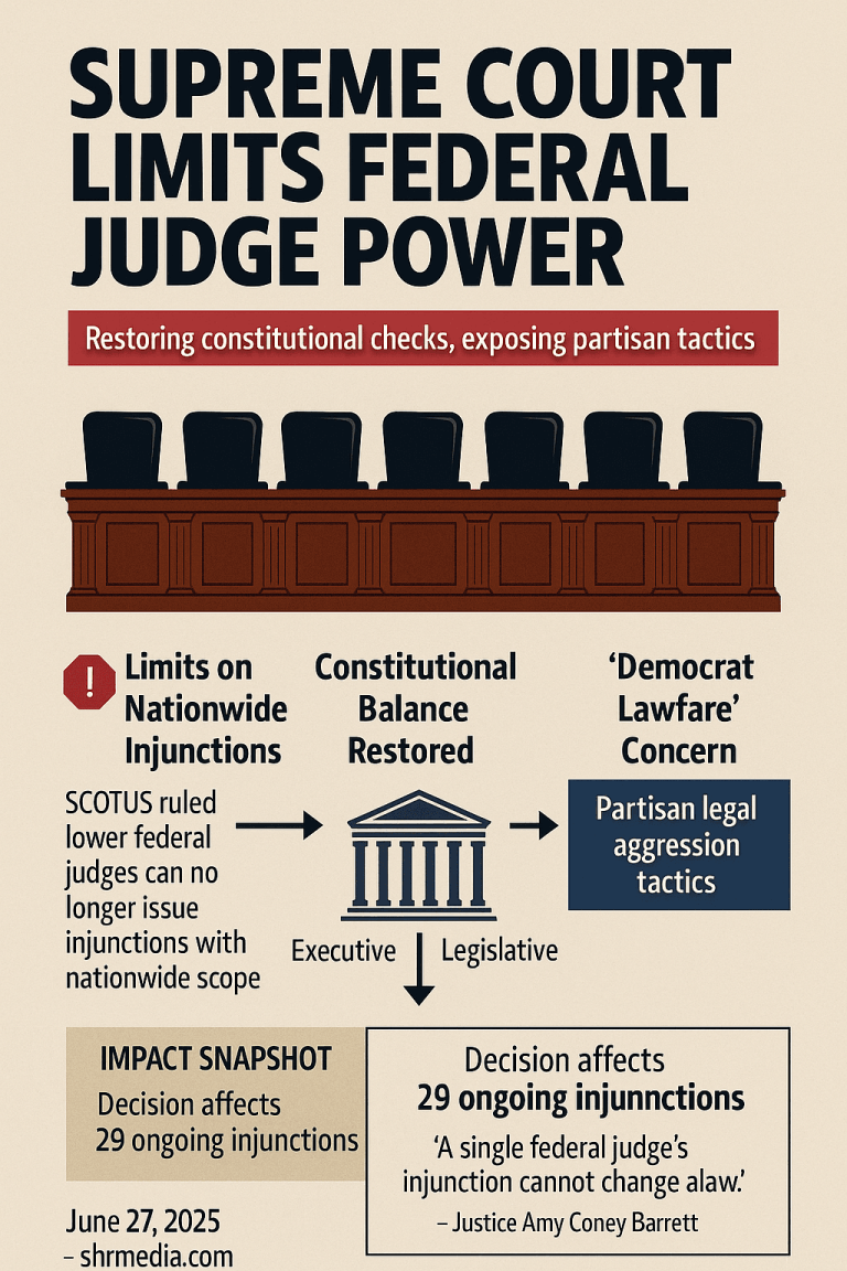 Infographic showing the Supreme Court’s decision limiting federal judge power and exposing Democrat lawfare tactics