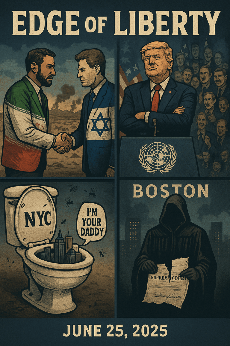 Political satire artwork showing Iran and Israel shaking hands, Trump at UN podium saying “I’m your Daddy,” NYC in toilet, and judge over Boston