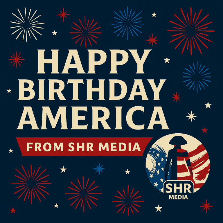 Red, white, and blue fireworks with “Happy Birthday America” text and SHR Media logo celebrating Independence Day 2025.