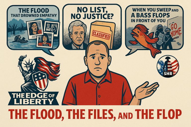 Illustration of Shaun Lewis with speech bubbles representing the Texas flood, Epstein files, and border politics, featuring logos from SHR Media and The Edge of Liberty.