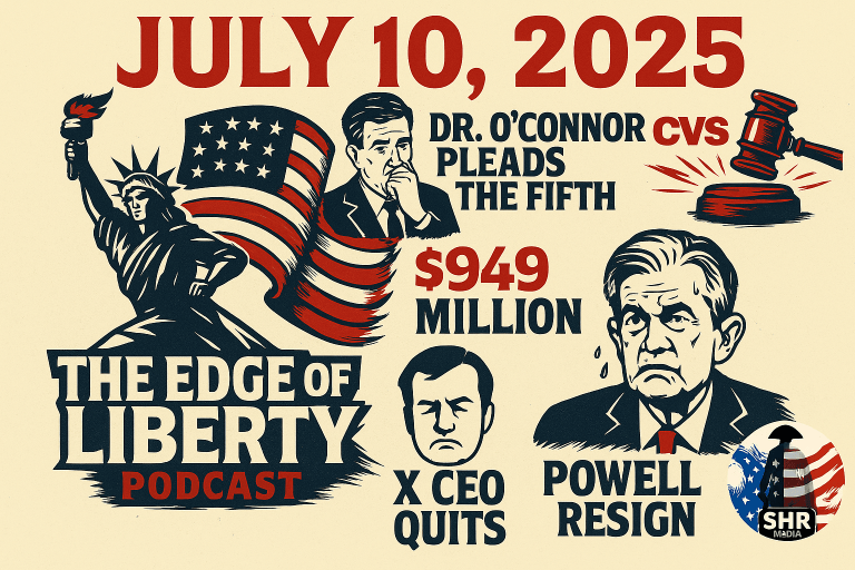 Promotional graphic for The Edge of Liberty podcast, featuring topics like Dr. O’Connor pleading the Fifth, CVS Medicaid fraud, Jerome Powell refusing to resign, and Grok AI fallout.
