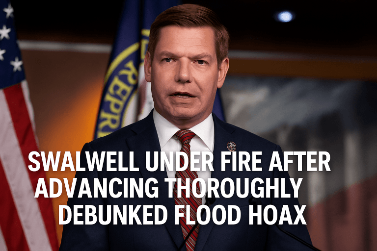Congressman Eric Swalwell speaks at a press event, with headline text reading “Swalwell Under Fire After Advancing Thoroughly Debunked Flood Hoax.”
