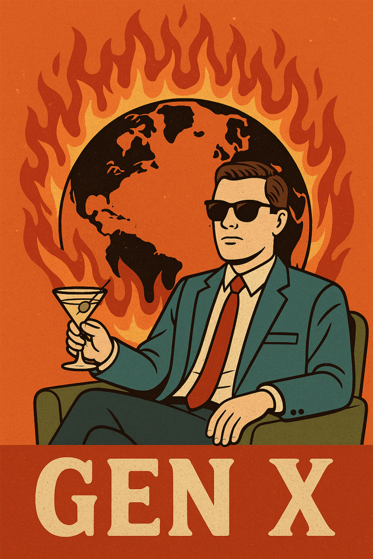Illustration of a Gen X man calmly sipping a cocktail in a chair while the world burns behind him, representing Generation X's IDGAF attitude.