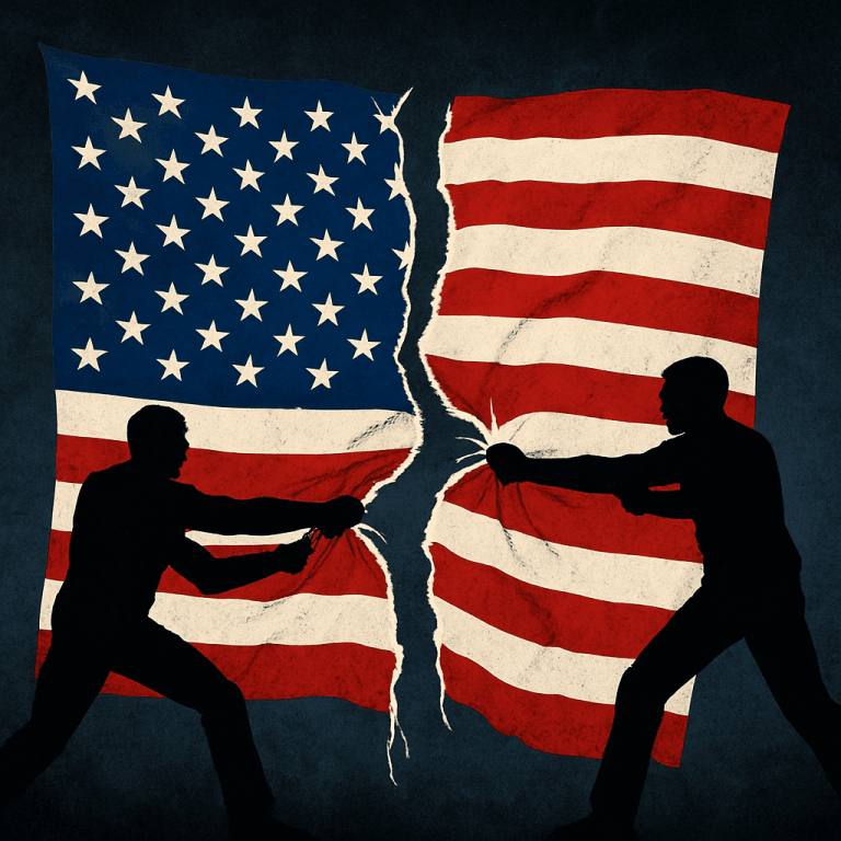 A single American flag being torn down the middle by two silhouettes