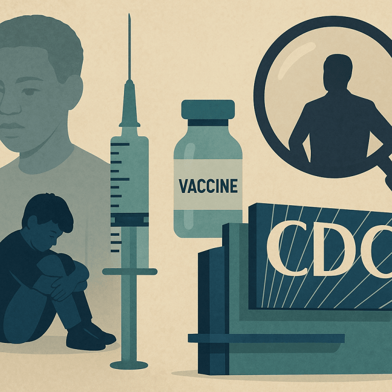 Somber illustration showing a sad child, a vaccine syringe and vial, and the CDC building under scrutiny, symbolizing the vaccine and autism debate.