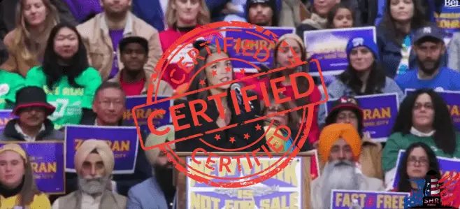 Alexandria Ocasio-Cortez speaking at a New York City rally, overlaid with a large red “Certified” stamp graphic.