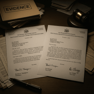A detailed image showing two congressional letters from the January 6 Committee on a wooden desk surrounded by evidence folders, legal documents, a gavel, and a pen, symbolizing coordination with Special Counsel Jack Smith.