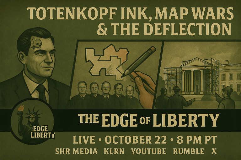 Promotional graphic for The Edge of Liberty episode titled “Totenkopf Ink, Map Wars & The Deflection,” showing a politician’s corruption, Supreme Court Justices reviewing a redistricting map, and the White House under construction — symbolizing political distraction and media deflection.