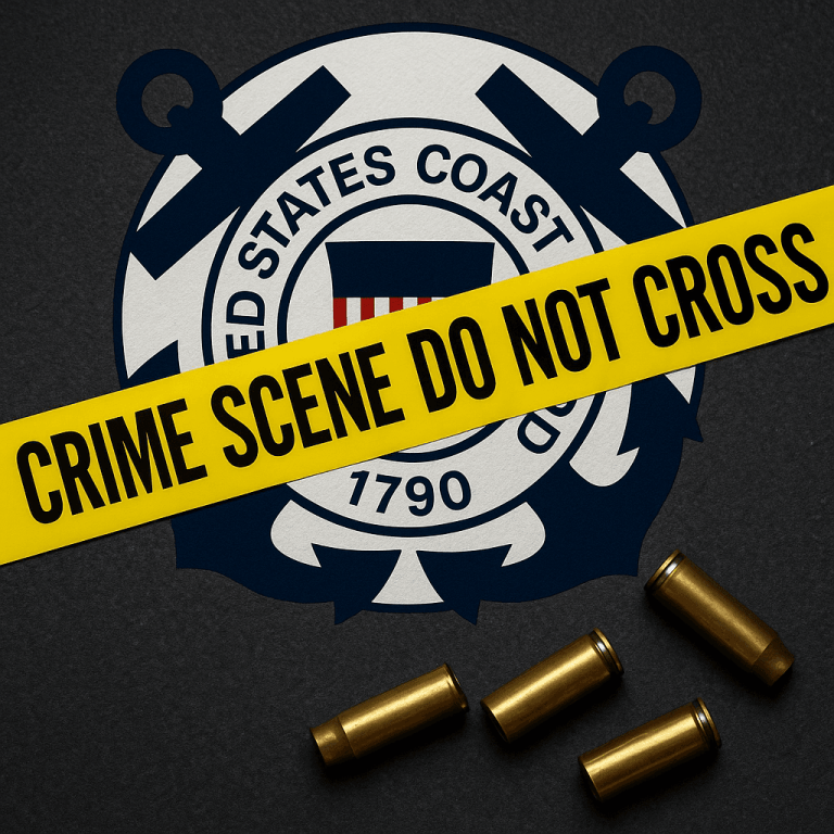U.S. Coast Guard emblem with yellow crime scene tape and bullet casings on pavement, symbolizing the October 23, 2025, shooting at Coast Guard Base Alameda.