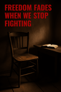 Dimly lit wooden chair beside an open Bible on a table, symbolizing complacency and fading conviction in freedom.