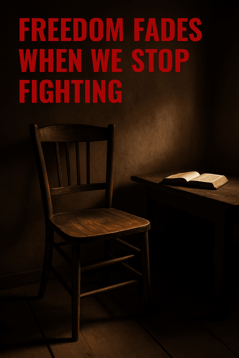 Dimly lit wooden chair beside an open Bible on a table, symbolizing complacency and fading conviction in freedom.