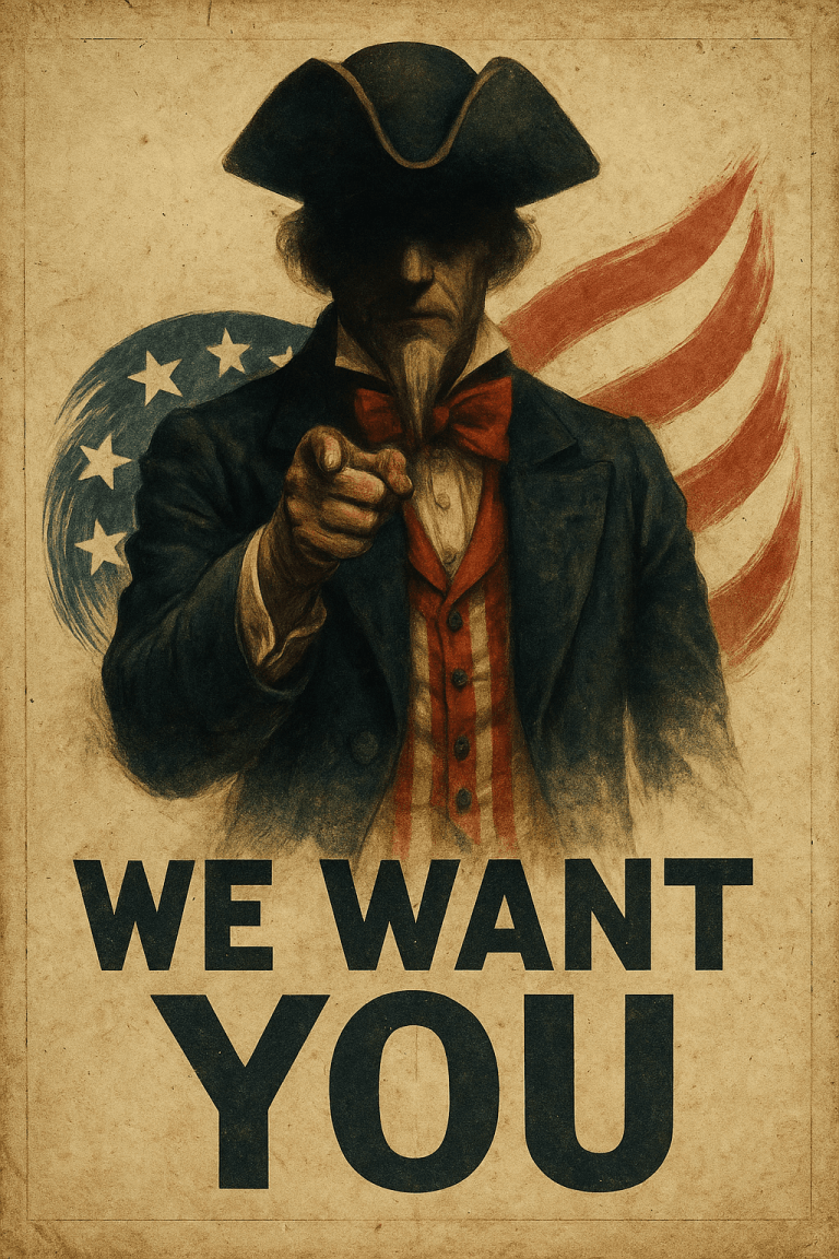Vintage recruitment-style poster with a patriotic figure in a tricorn hat pointing forward and the words “We Want You.”