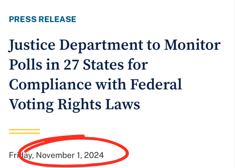 DOJ press release headline announcing poll monitoring in 27 states on November 1, 2024