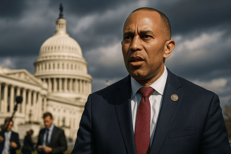 House Minority Leader Hakeem Jeffries speaks with determination in front of the U.S. Capitol as reporters gather behind him during a press conference on the government shutdown.