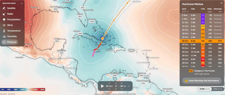 Map showing Hurricane Melissa’s position near Cuba and Jamaica on October 29, 2025, with 100 mph winds and 974 mb pressure.