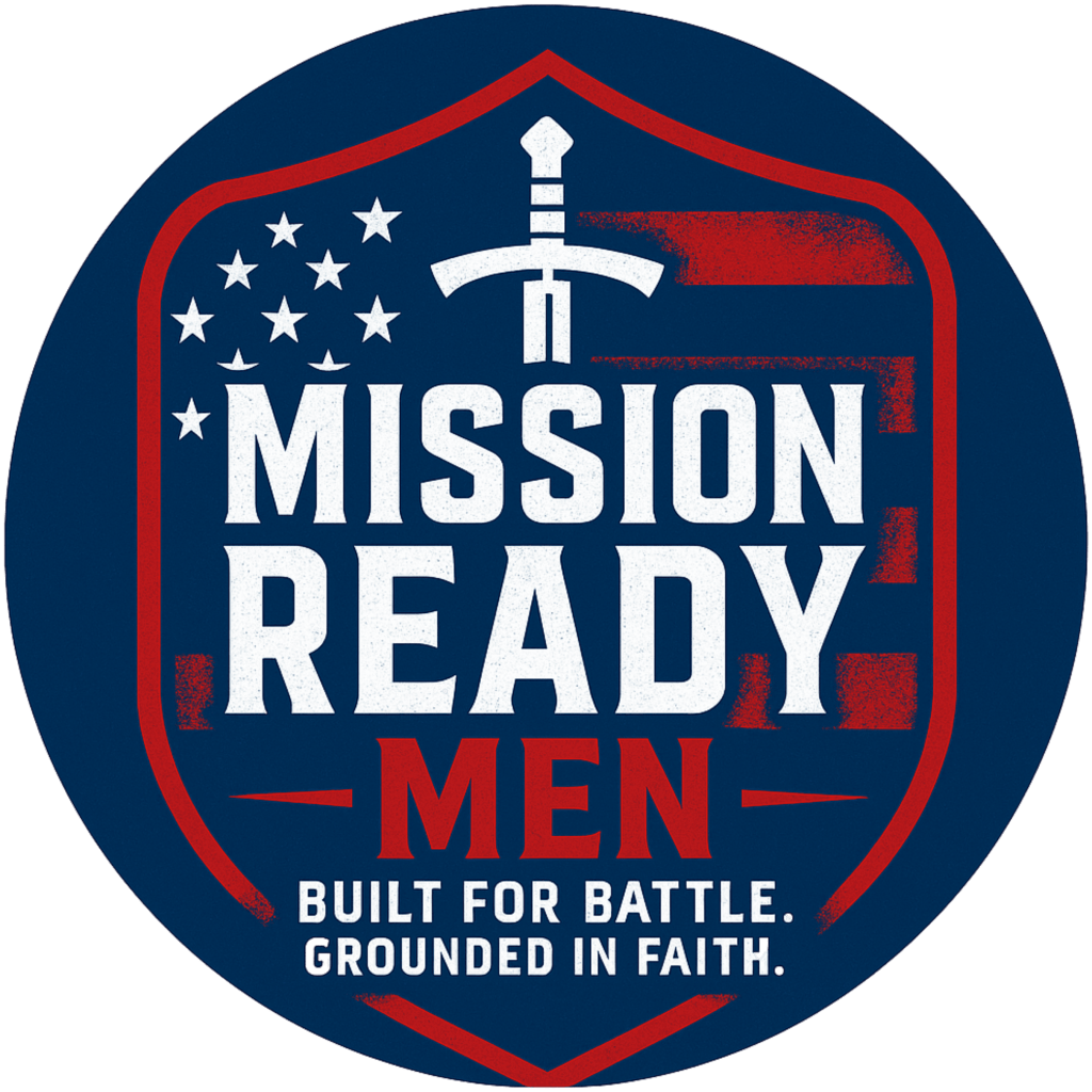 Mission Ready Men logo featuring a sword, shield, and stylized American flag with the motto “Built for Battle. Grounded in Faith.”
