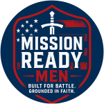 Mission Ready Men logo featuring a sword, shield, and stylized American flag with the motto “Built for Battle. Grounded in Faith.”