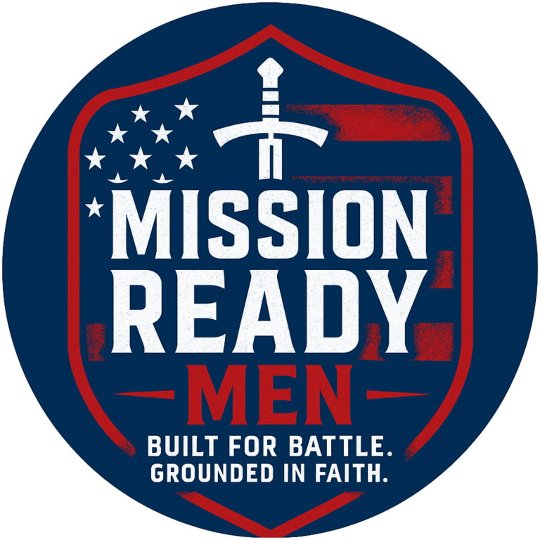 Mission Ready Men logo featuring a sword, shield, and stylized American flag with the motto “Built for Battle. Grounded in Faith.”