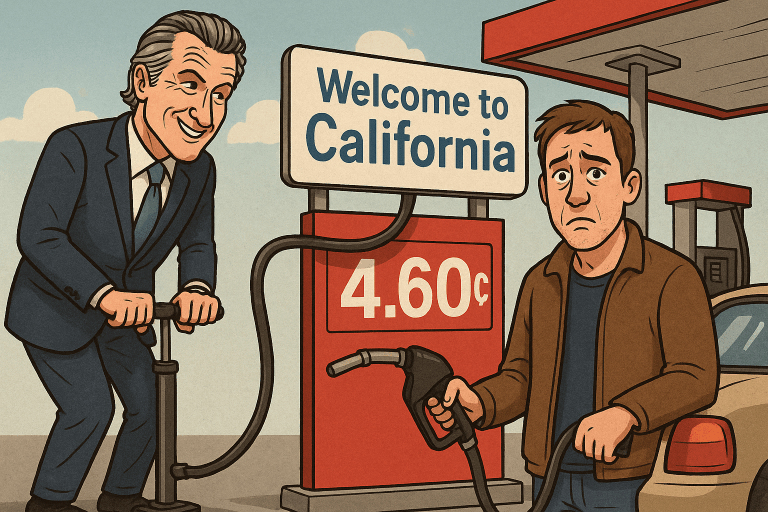 Editorial cartoon showing a cartoonish California governor using a bicycle pump to inflate gas prices on a “Welcome to California” fuel sign while a weary taxpayer pumps gas into their car, representing the state’s high fuel costs.