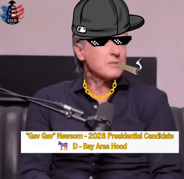 Gavin Newsom parody image labeled “Gav Gav Newsom – 2028 Presidential Candidate,” featuring a humorous hip-hop outfit with shades, gold chain, hat, and cigar to mock his podcast persona.