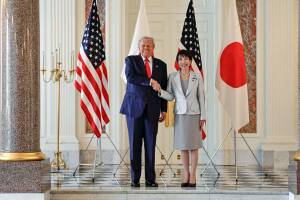 President Donald Trump shakes hands with Japanese Prime Minister Sanae Takaichi during his official visit to Tokyo.