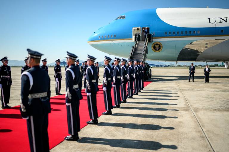 President Donald Trump arrives in South Korea and is greeted by an honor guard at Gyeongju Air Base on October 29, 2025.