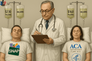 Illustration showing SNAP and ACA programs on hospital life support, symbolizing U.S. entitlement programs sustained by taxpayer funding, with a doctor representing political oversight.