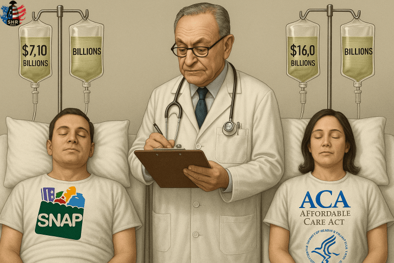 Illustration showing SNAP and ACA programs on hospital life support, symbolizing U.S. entitlement programs sustained by taxpayer funding, with a doctor representing political oversight.
