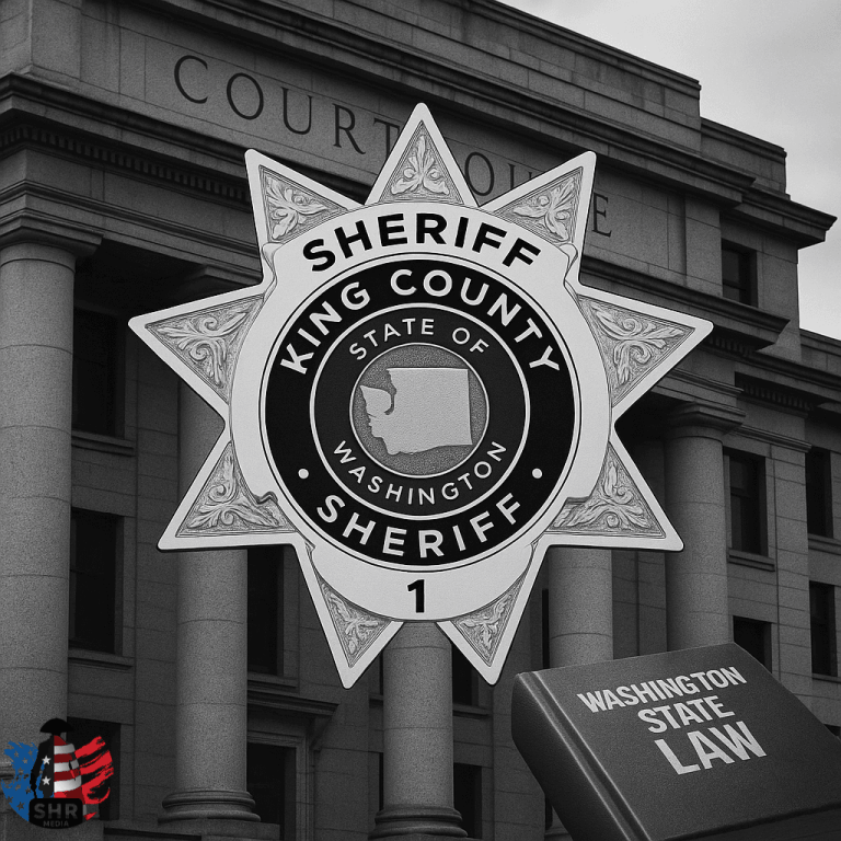 King County Sheriff badge displayed over the courthouse building in black and white, with a Washington State law book in the foreground — symbolizing the ongoing investigation into illegal hiring of jail guards.