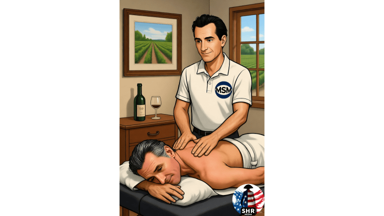 Satirical illustration of mainstream media giving a symbolic massage to a California politician, representing soft media treatment and bias.