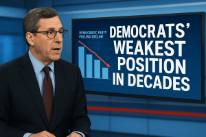 Newsroom graphic showing a presenter beside a screen labeled “Democrats’ Weakest Position in Decades” with declining blue bars and a red arrow symbolizing falling Democratic Party support.
