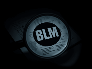 Magnifying glass highlighting the letters “BLM” on a dark background, symbolizing federal scrutiny and investigation into alleged Black Lives Matter financial misconduct.