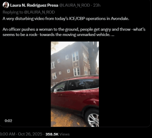 Screenshot of Chicago Tribune journalist Laura N. Rodríguez Presa’s X post showing ICE agents in Avondale, Chicago