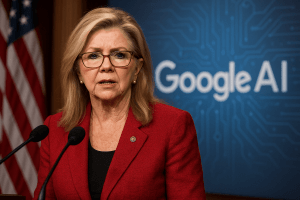 Senator Marsha Blackburn speaks at the U.S. Capitol as she demands Google suspend its Gemma AI model after it generated a false rape allegation.