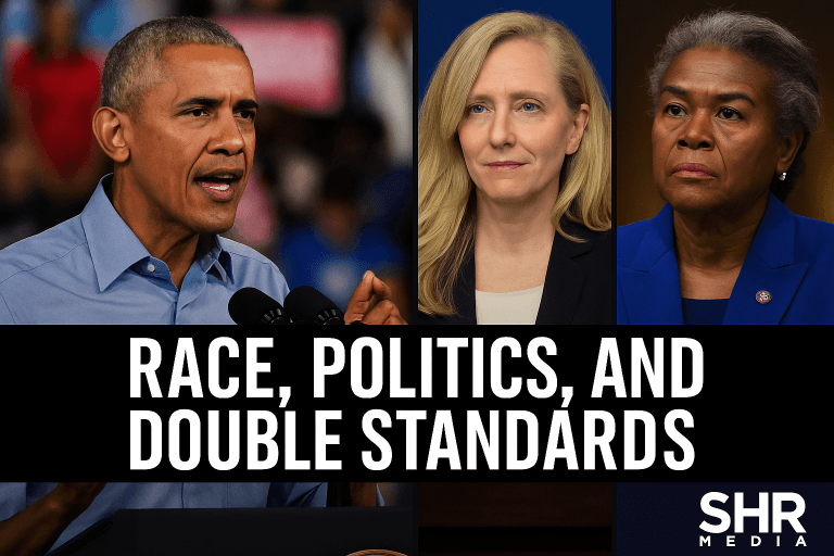 Thumbnail image showing three individuals side by side with the headline text “Race, Politics, and Double Standards” in bold white letters across the center, and the SHR Media logo in the lower right corner.