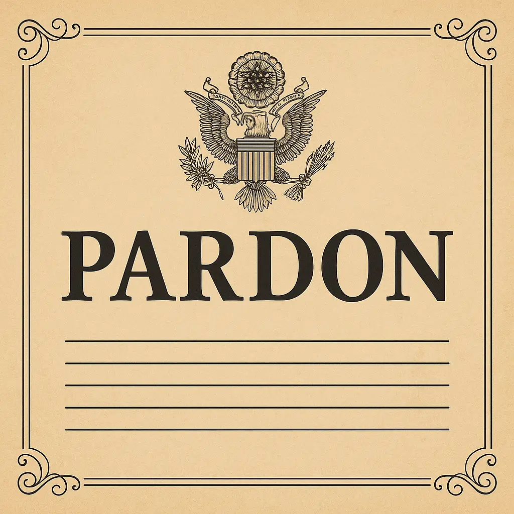 A formal parchment-style presidential pardon featuring the Great Seal of the United States and bold typography framed with ornate borders.