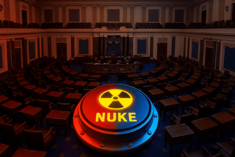 U.S. Senate chamber split in red and blue light with a glowing nuclear button symbolizing the political fight over ending the filibuster