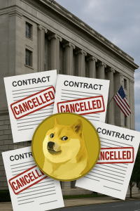 Illustration of the Dogecoin dog icon over multiple federal contract documents stamped CANCELLED in red, with a government building and American flag in the background.