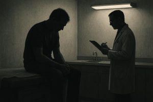 Silhouette of a patient sitting on an exam table while a doctor stands nearby taking notes, symbolizing the failure of modern pain management in America.